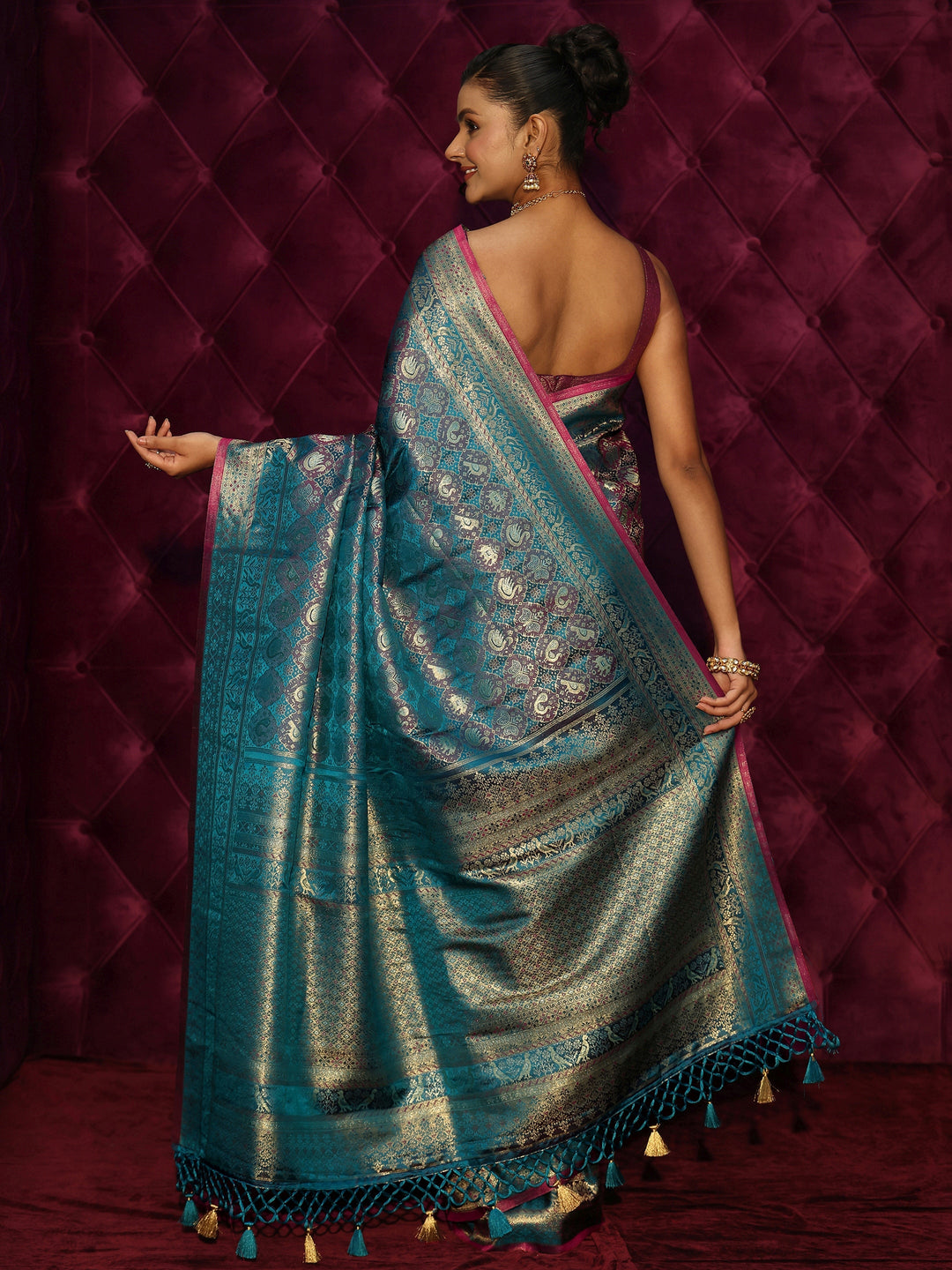  Libas Art Blue Woven Design Silk Blend Tassel Saree 