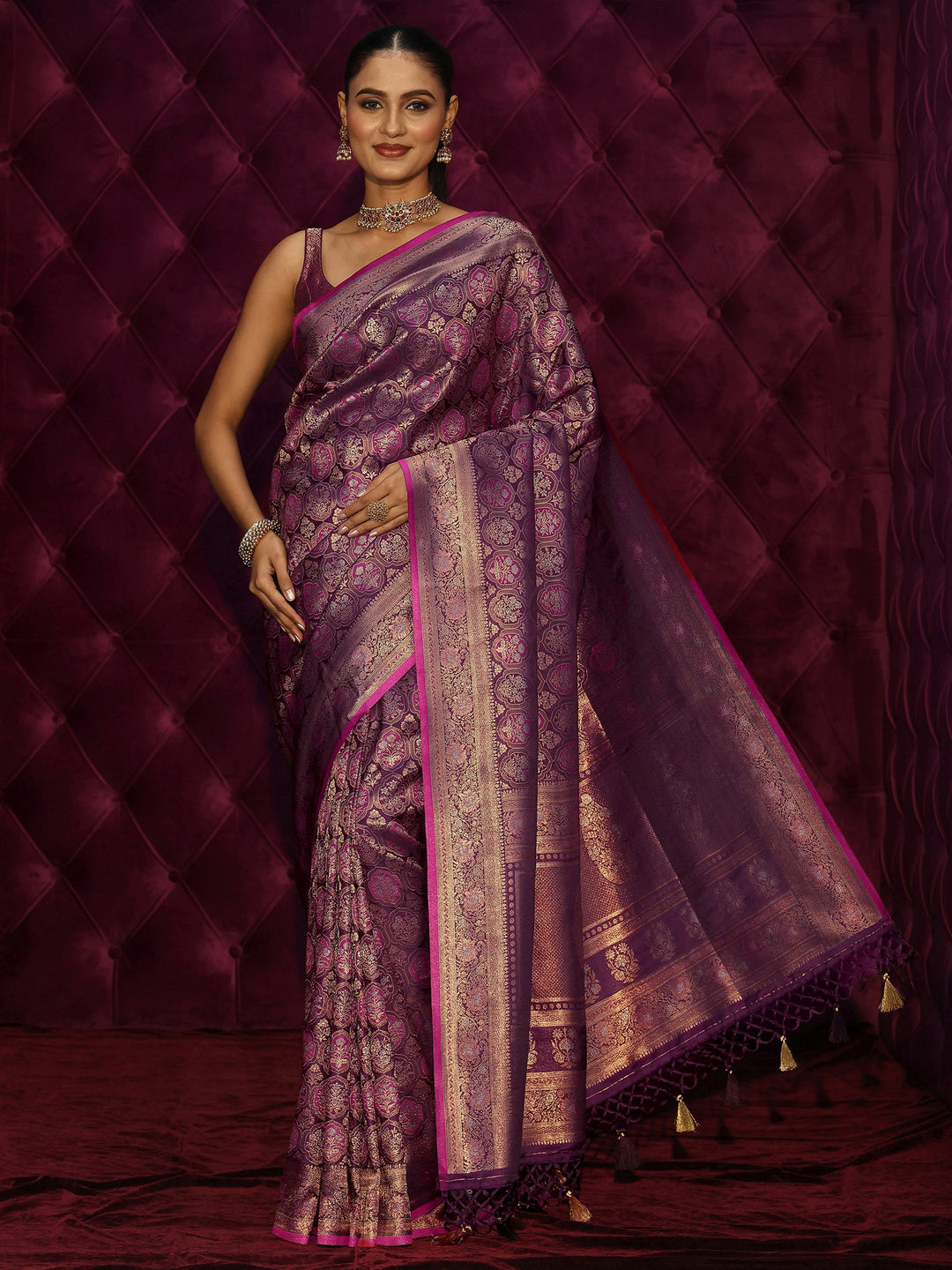  Libas Art Purple Mughal Floral Design Silk Blend Tassel Saree 