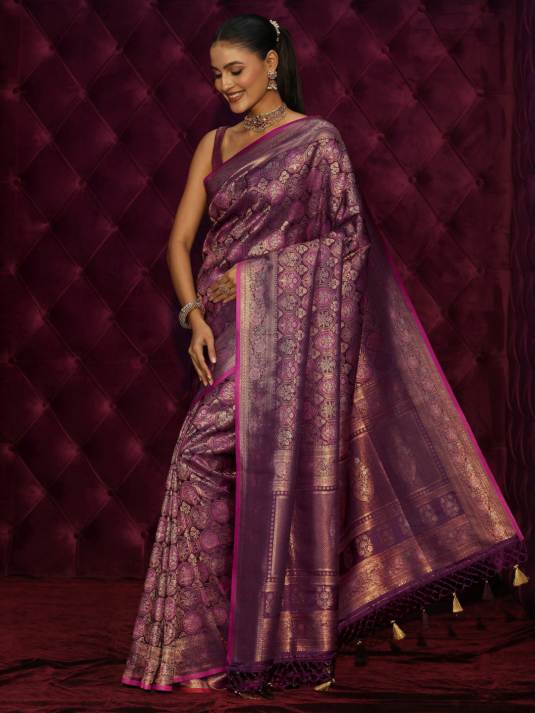  Libas Art Purple Mughal Floral Design Silk Blend Tassel Saree 