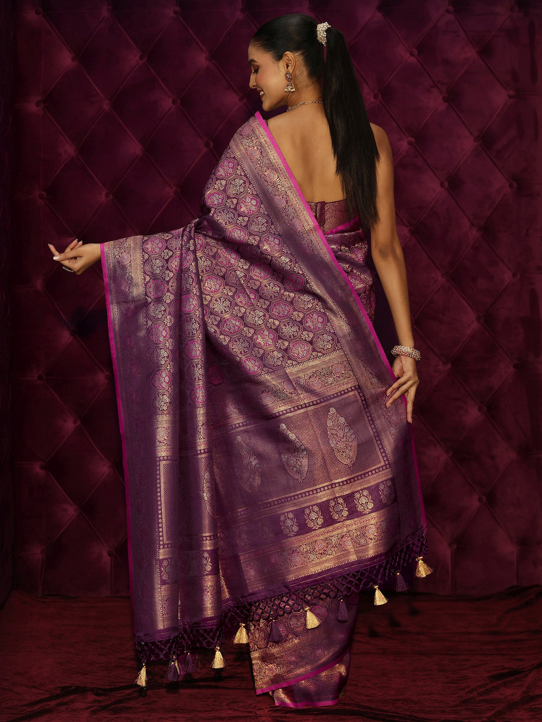  Libas Art Purple Mughal Floral Design Silk Blend Tassel Saree 