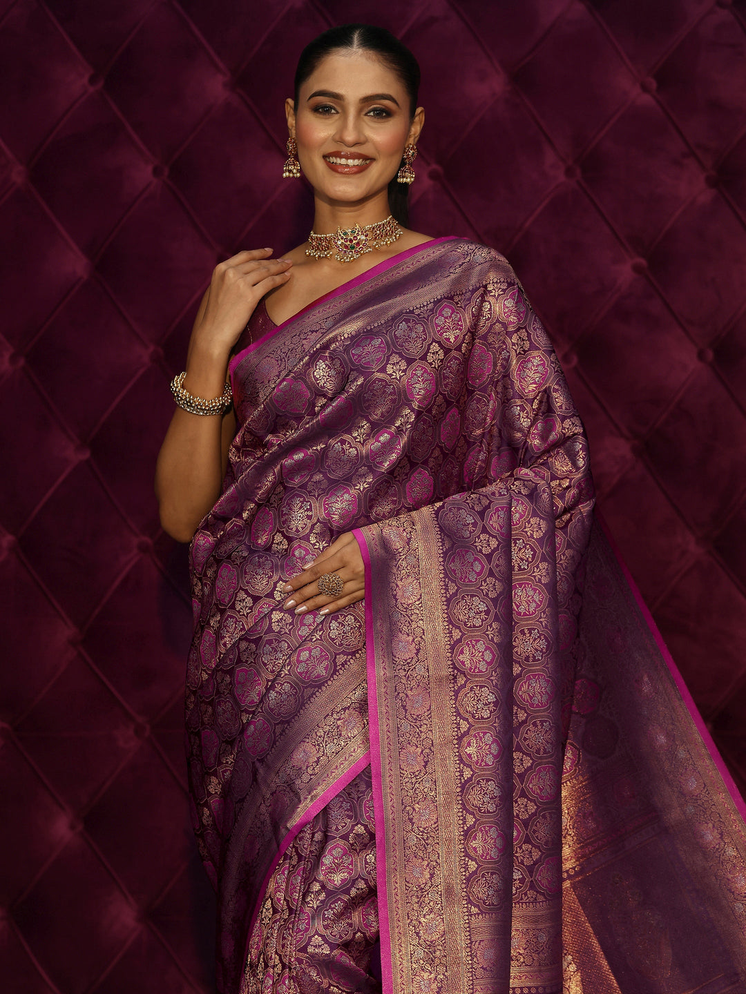  Libas Art Purple Mughal Floral Design Silk Blend Tassel Saree 