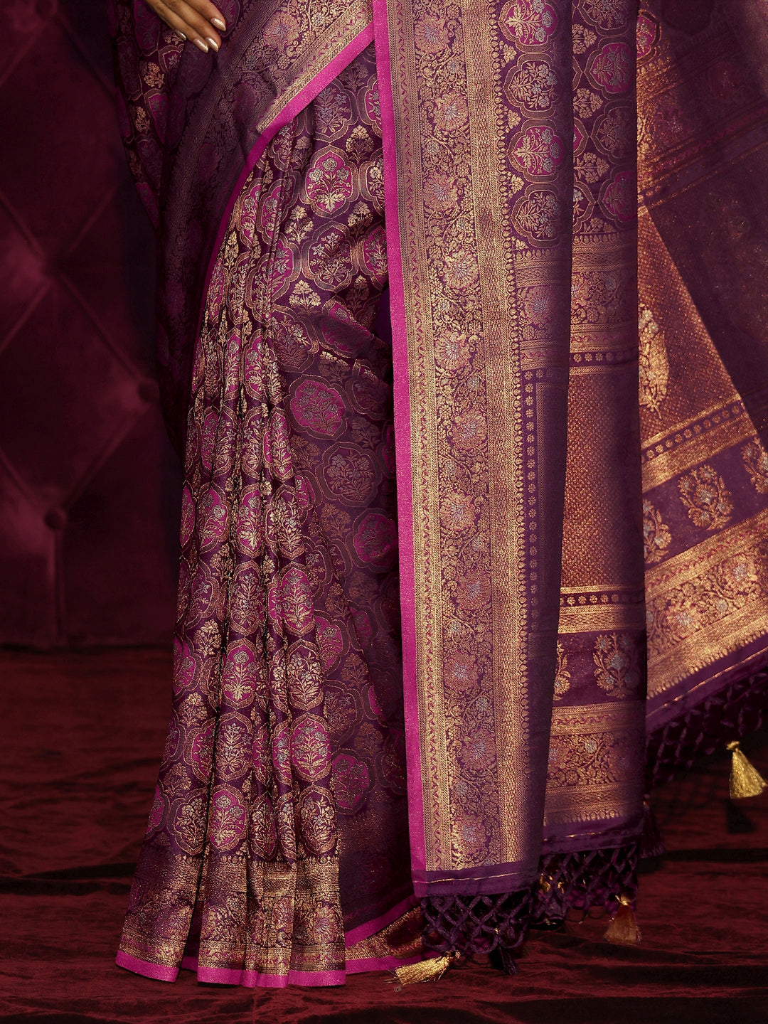  Libas Art Purple Mughal Floral Design Silk Blend Tassel Saree 