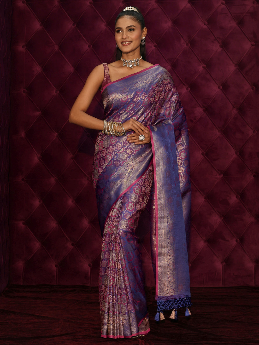  Libas Art Purple Ethnic Woven Design Silk Blend Tassel Saree 