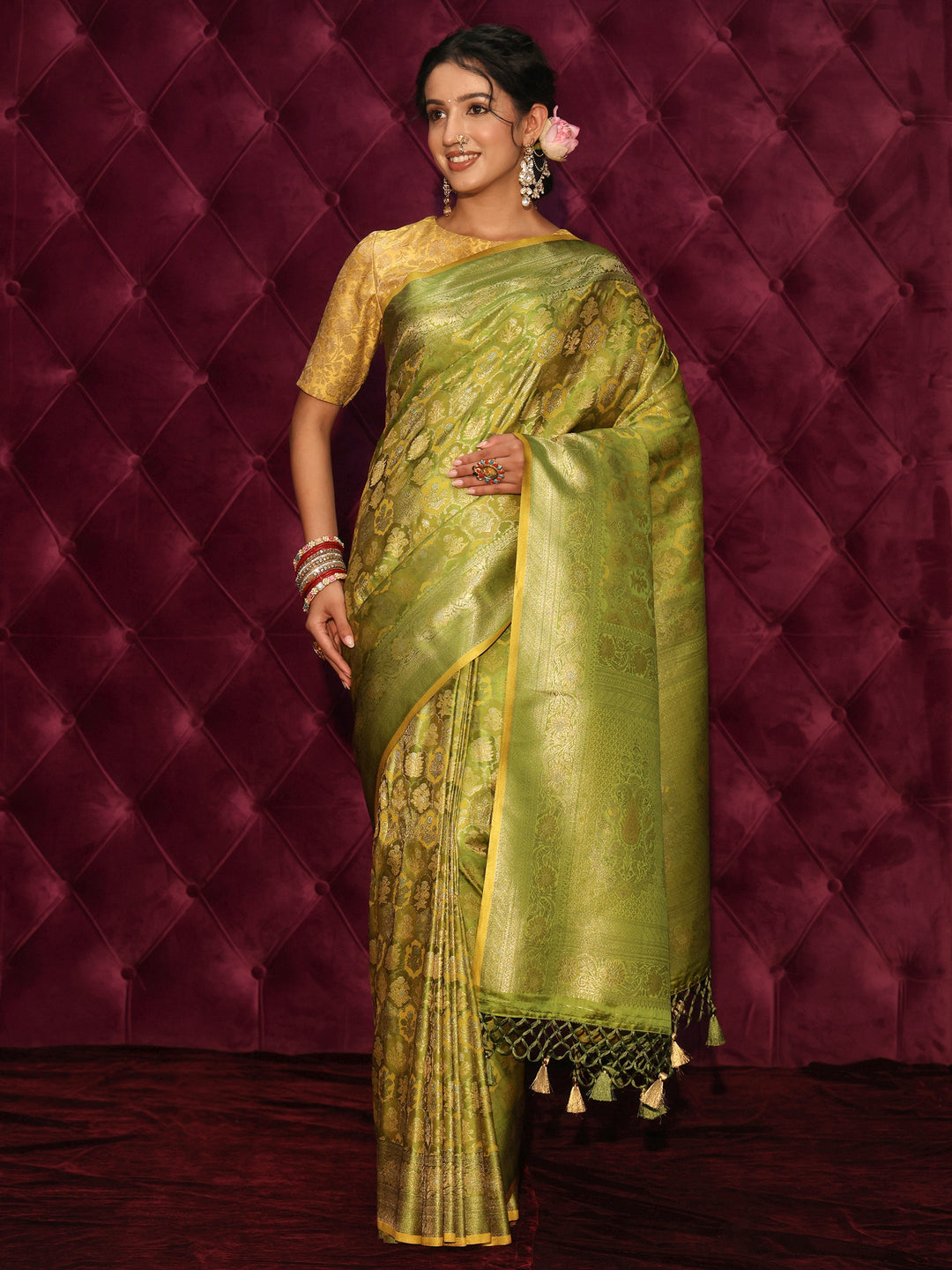  Libas Art Green Ethnic Woven Design Silk Blend Tassel Saree 