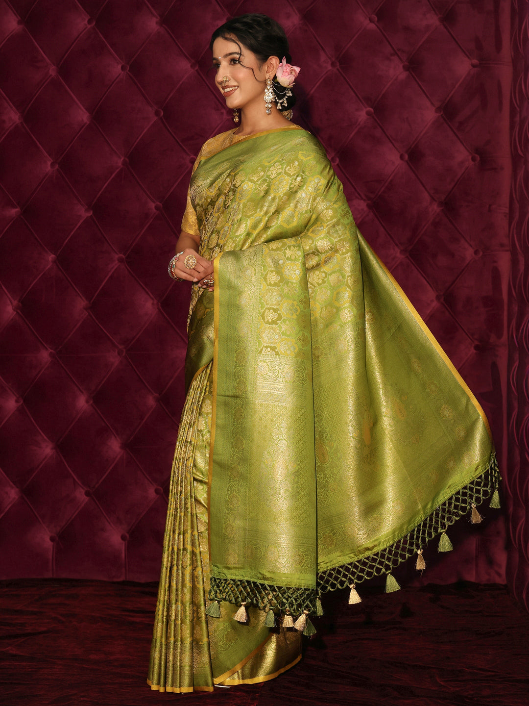  Libas Art Green Ethnic Woven Design Silk Blend Tassel Saree 