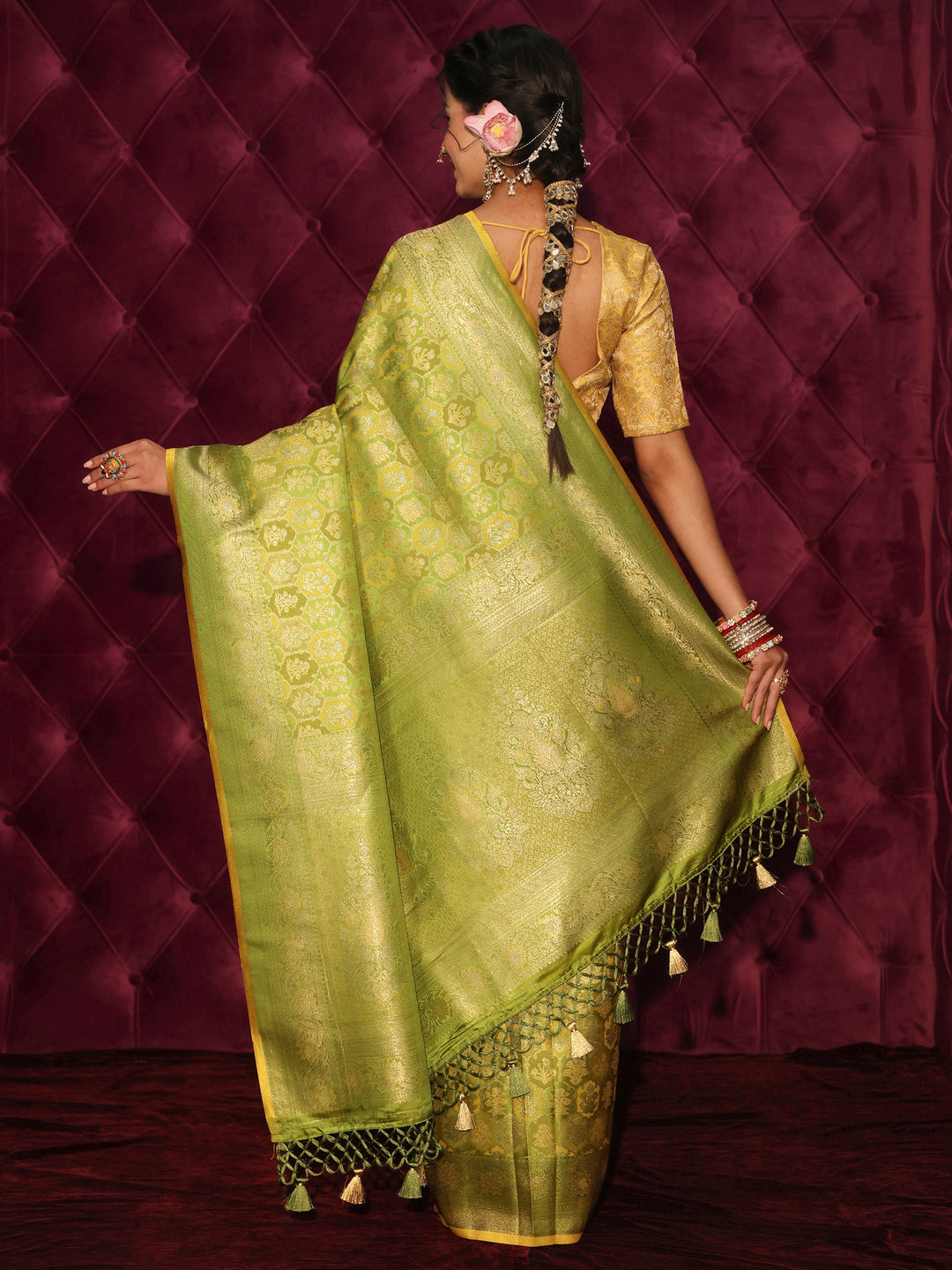  Libas Art Green Ethnic Woven Design Silk Blend Tassel Saree 