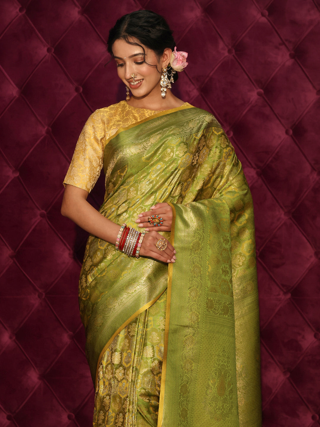  Libas Art Green Ethnic Woven Design Silk Blend Tassel Saree 