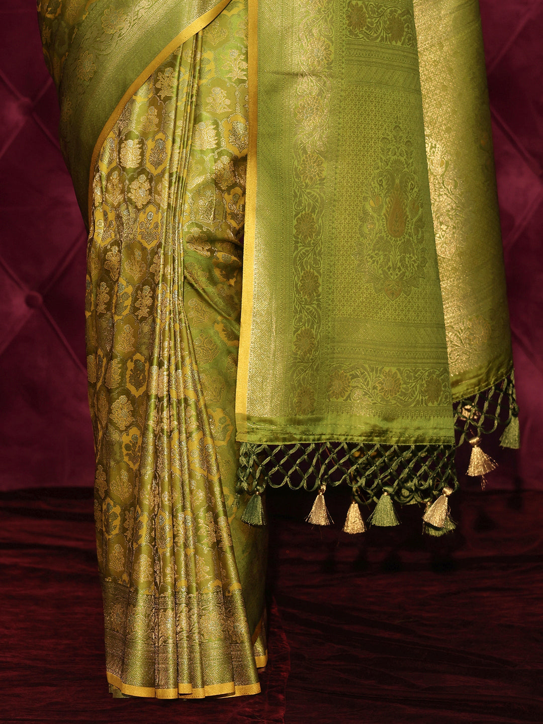  Libas Art Green Ethnic Woven Design Silk Blend Tassel Saree 