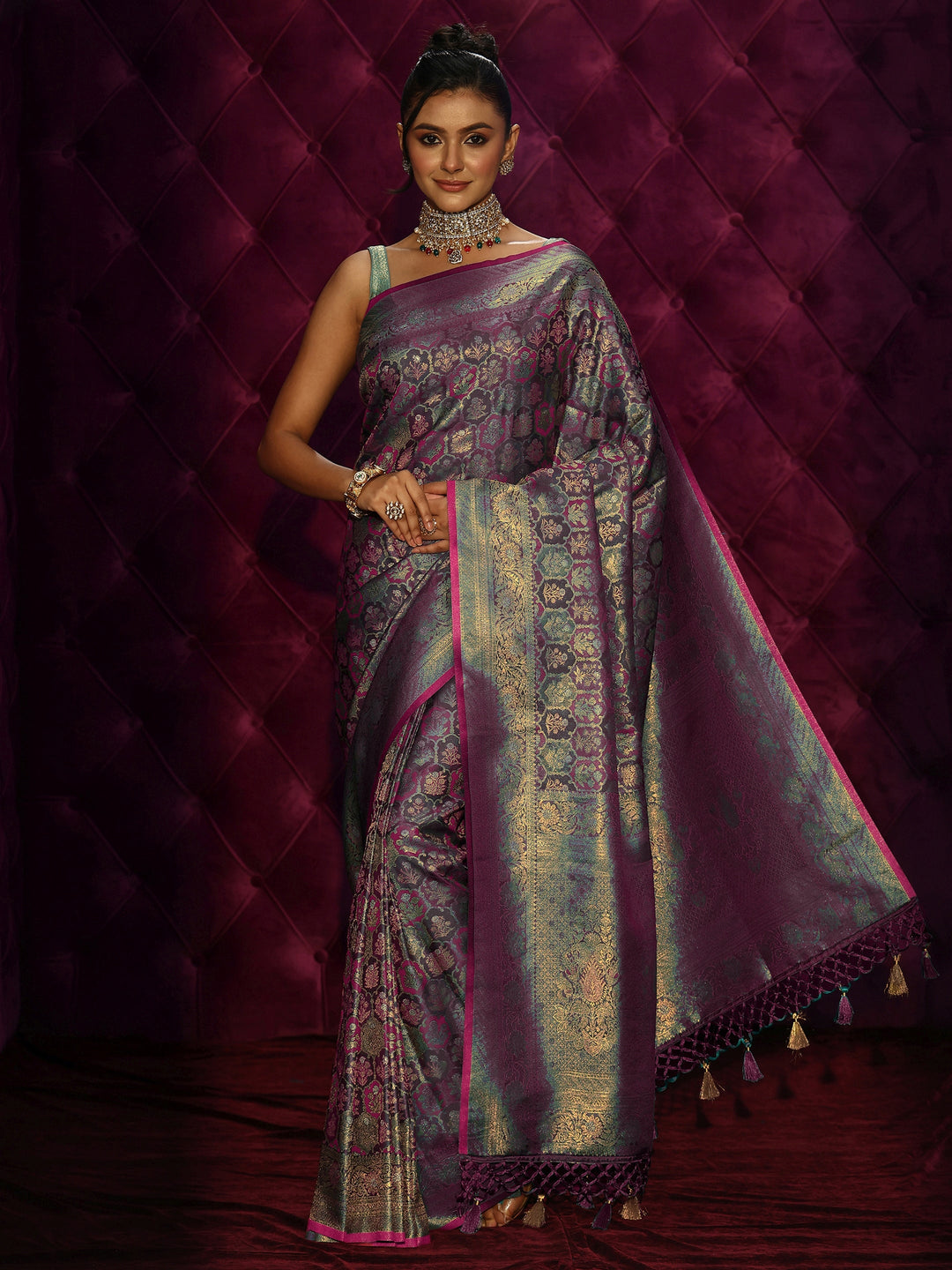  Libas Art Purple Mughal Floral Design Silk Blend Tassel Saree 