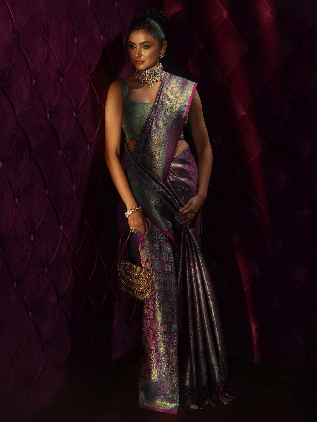  Libas Art Purple Mughal Floral Design Silk Blend Tassel Saree 