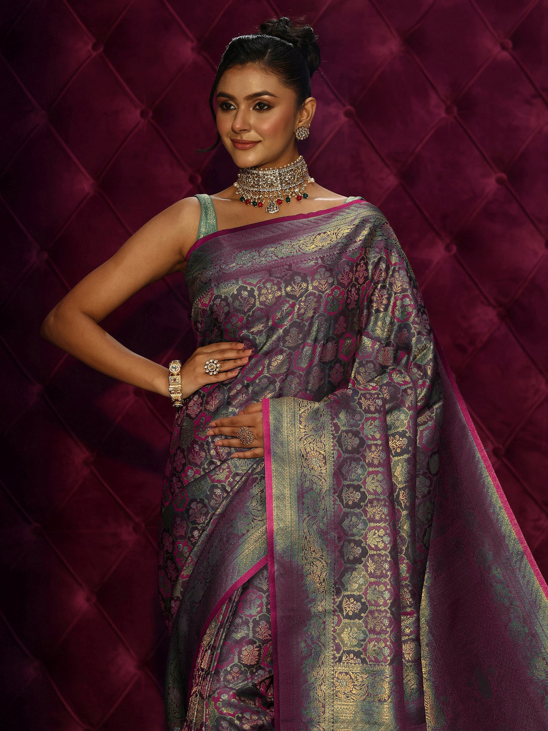  Libas Art Purple Mughal Floral Design Silk Blend Tassel Saree 