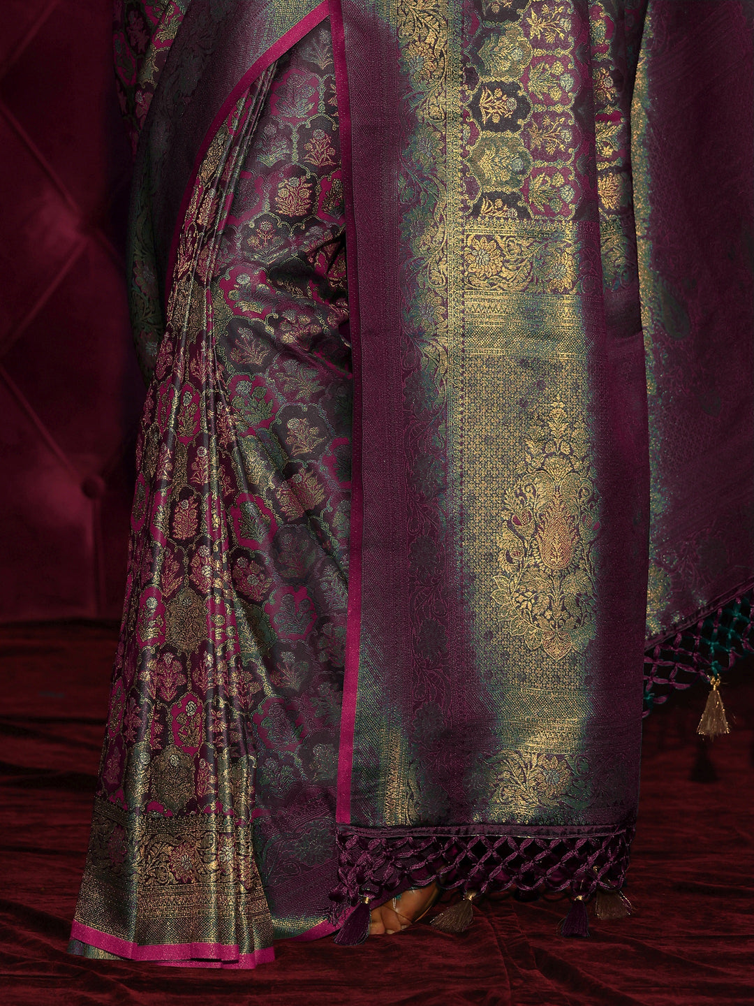  Libas Art Purple Mughal Floral Design Silk Blend Tassel Saree 