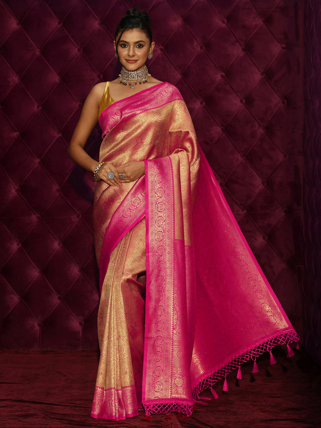  Libas Peach and Pink Banarasi Silk Blend Saree 