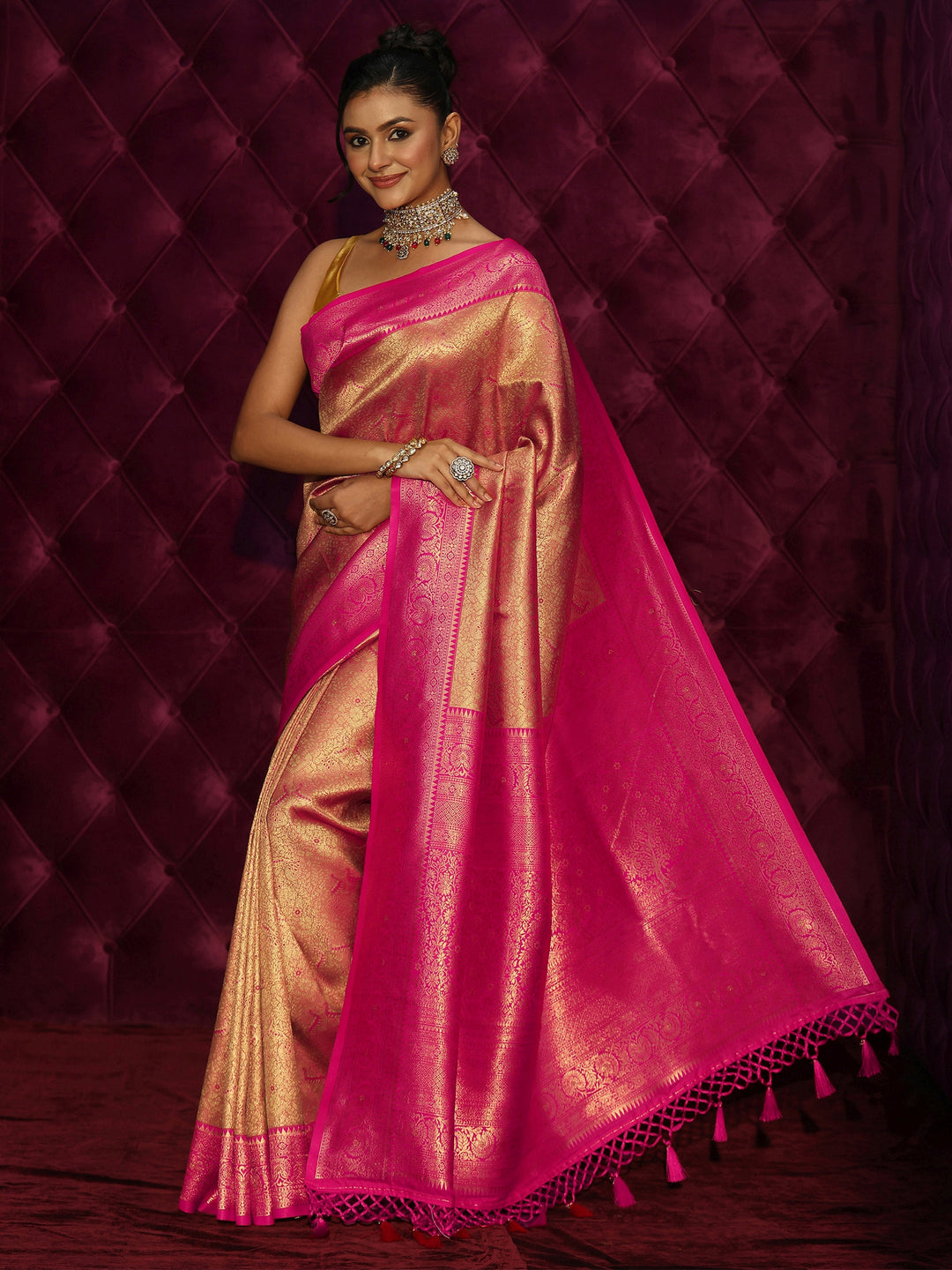  Libas Peach and Pink Banarasi Silk Blend Saree 