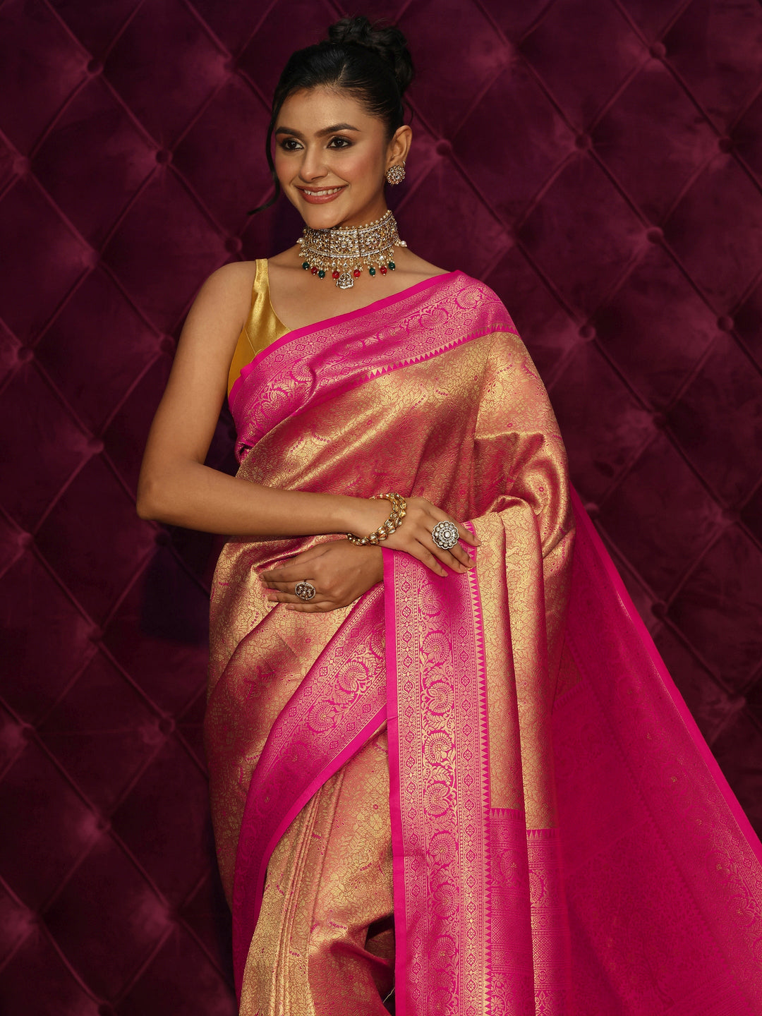  Libas Peach and Pink Banarasi Silk Blend Saree 