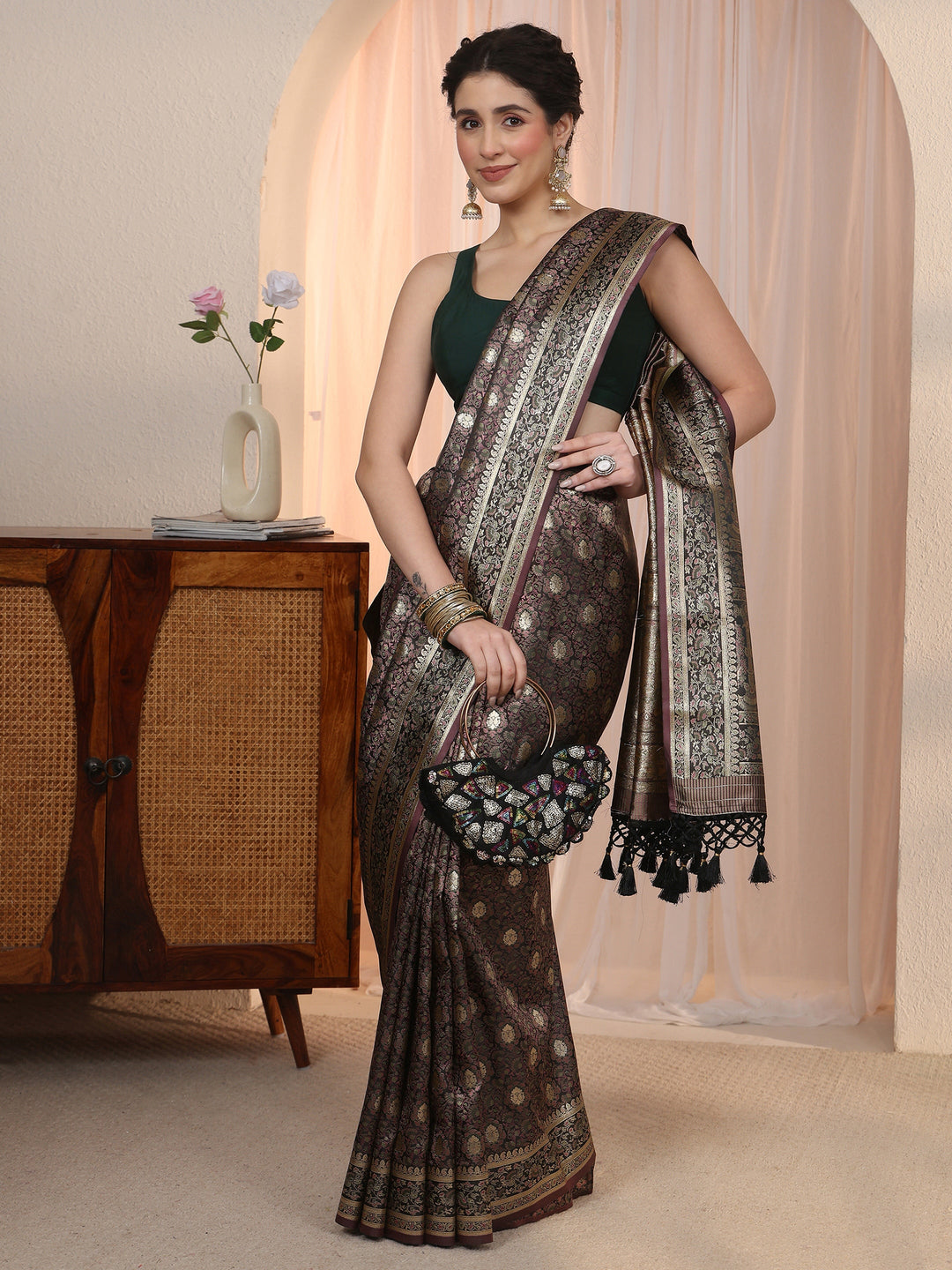  Libas Black Mughal Floral Woven Design Silk Blend Saree 