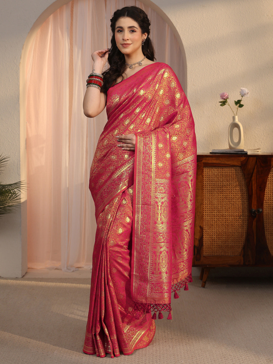  Libas Red Mughal Floral Woven Design Silk Blend Saree 