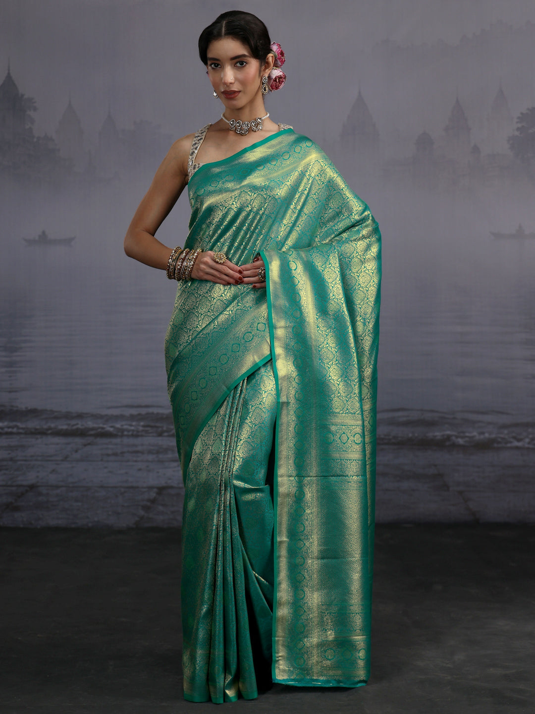  Libas Sea Green Woven Design Silk Blend Saree 