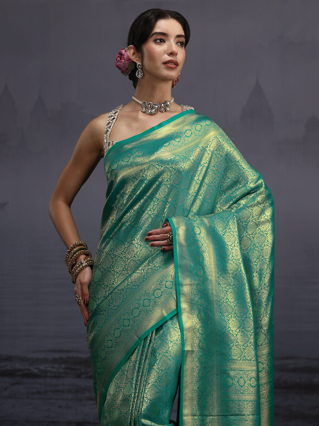  Libas Sea Green Woven Design Silk Blend Saree 