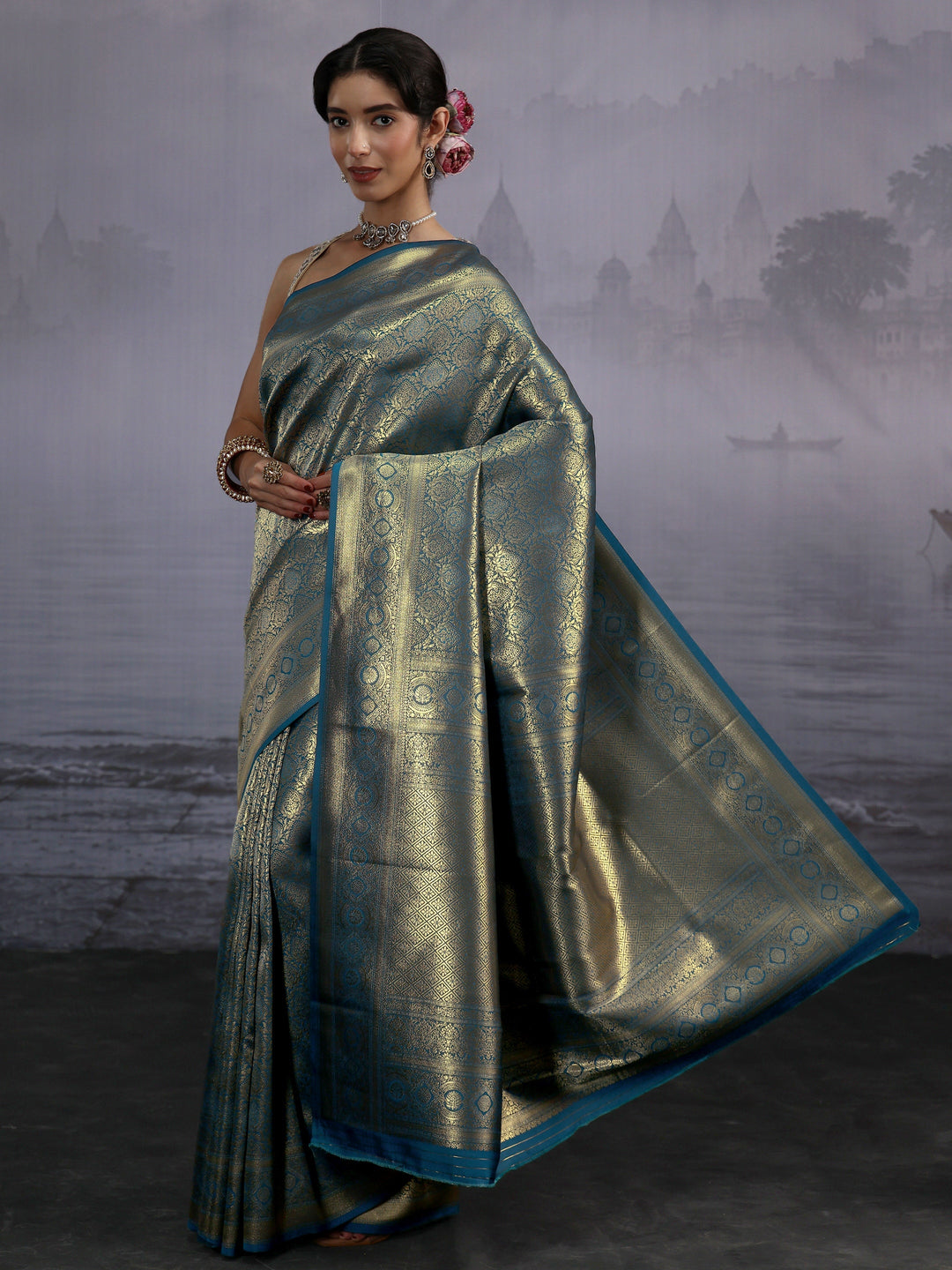  Libas Teal Blue Banarasi Silk Blend Saree 