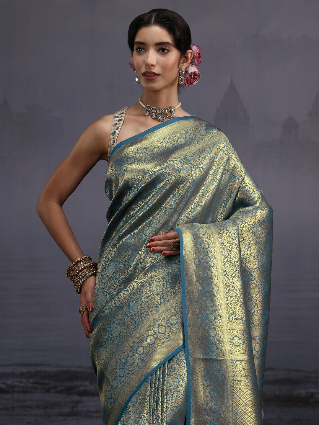  Libas Teal Blue Banarasi Silk Blend Saree 