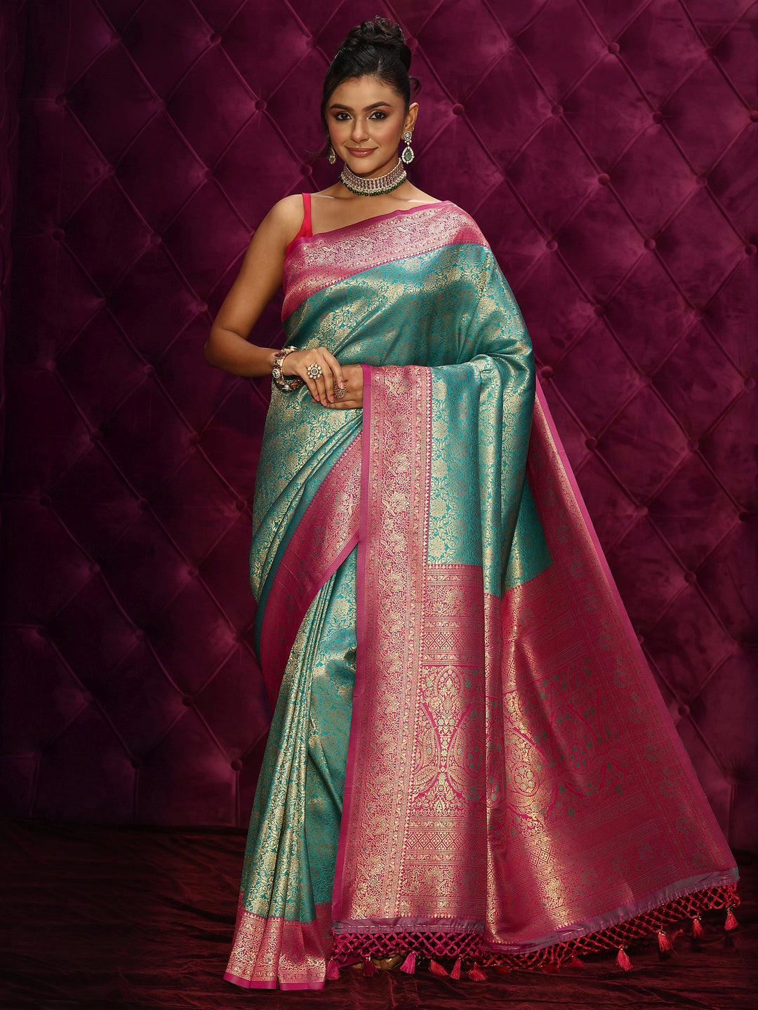  Libas Sea Green Banarasi Silk Blend Tassel Saree 
