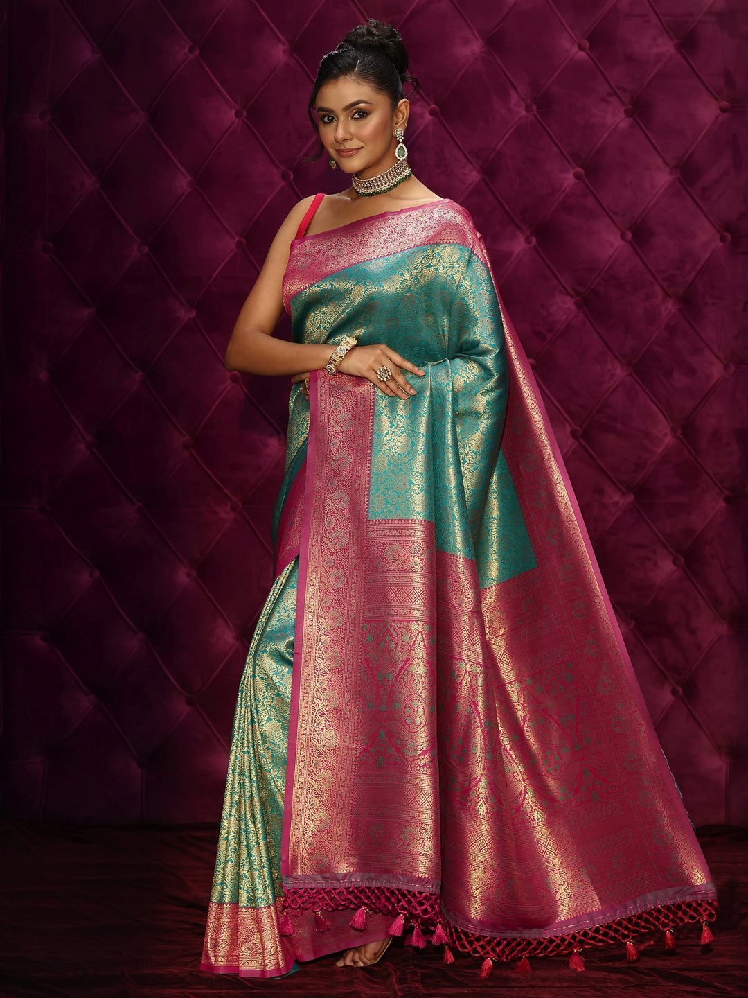  Libas Sea Green Banarasi Silk Blend Tassel Saree 