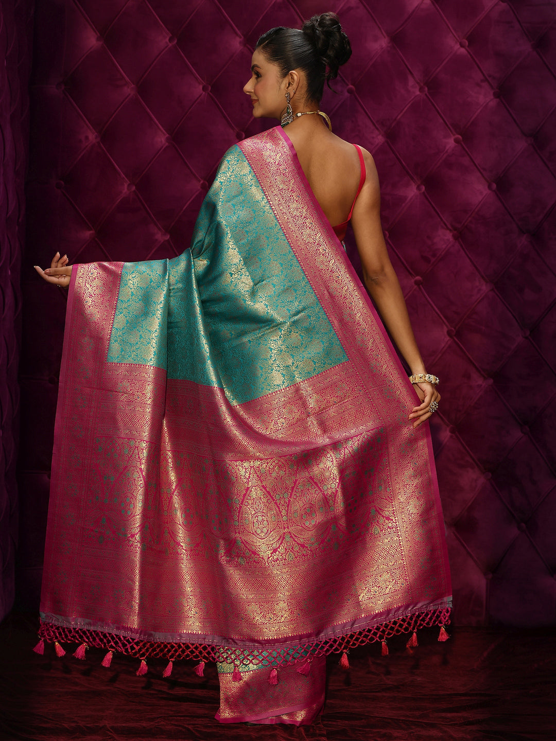  Libas Sea Green Banarasi Silk Blend Tassel Saree 