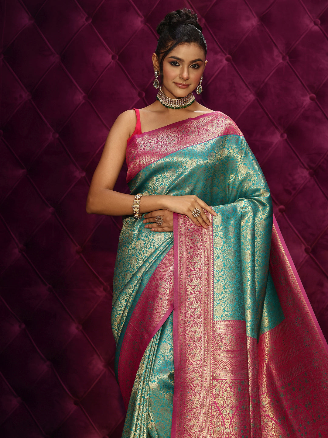  Libas Sea Green Banarasi Silk Blend Tassel Saree 