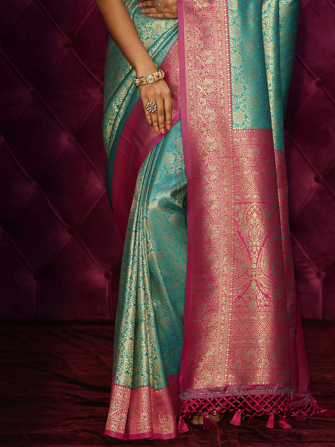  Libas Sea Green Banarasi Silk Blend Tassel Saree 