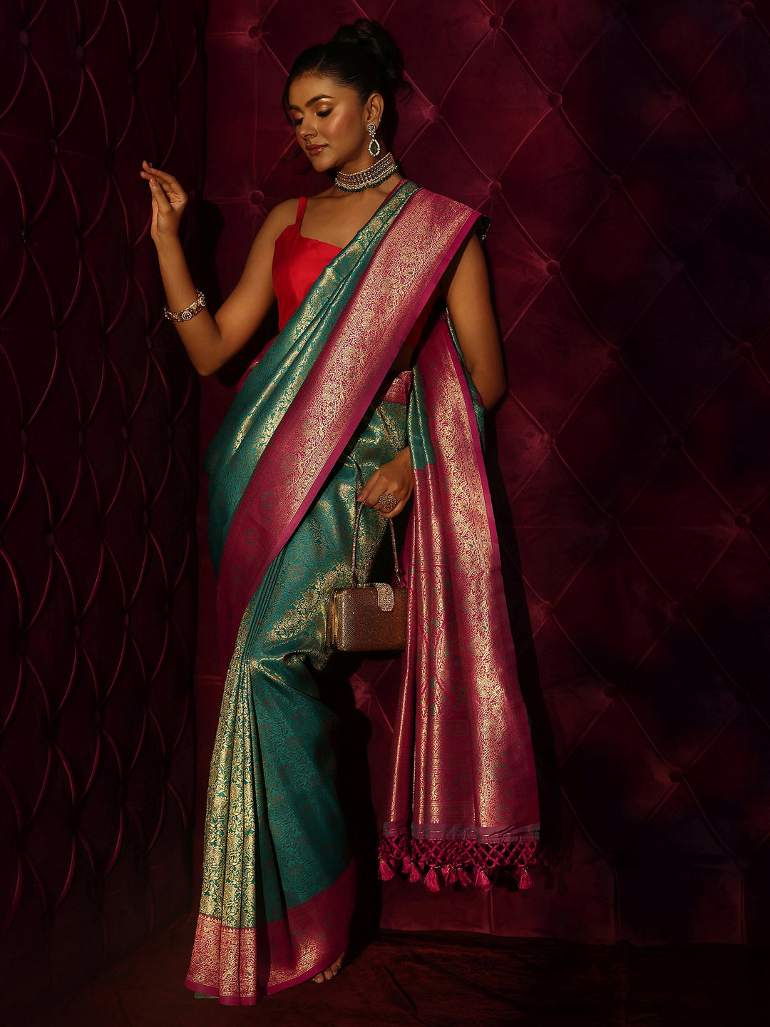  Libas Sea Green Banarasi Silk Blend Tassel Saree 