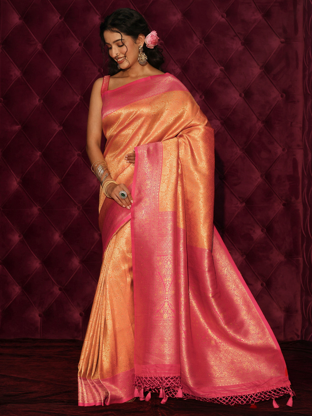  Libas Orange and Pink Floral Woven Design Silk Blend Tassel Saree 