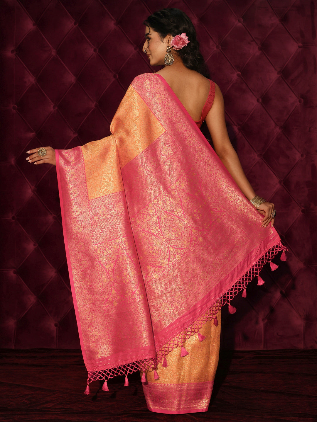  Libas Orange and Pink Floral Woven Design Silk Blend Tassel Saree 