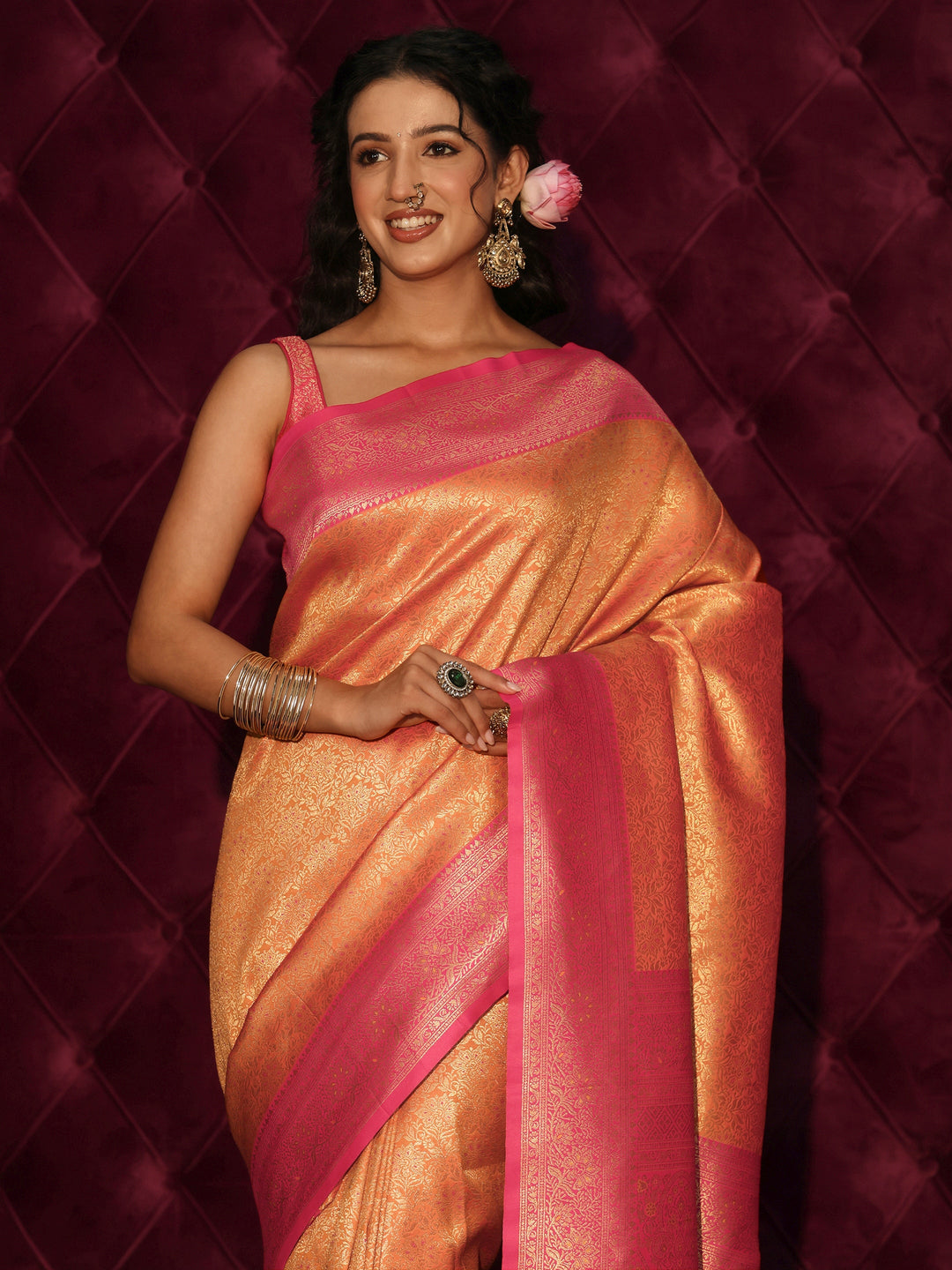  Libas Orange and Pink Floral Woven Design Silk Blend Tassel Saree 