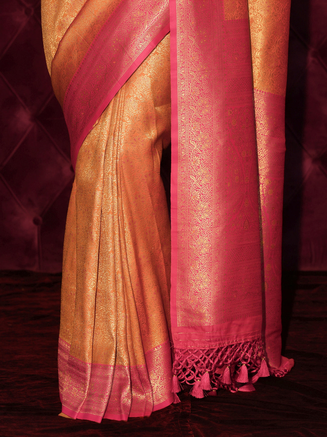  Libas Orange and Pink Floral Woven Design Silk Blend Tassel Saree 