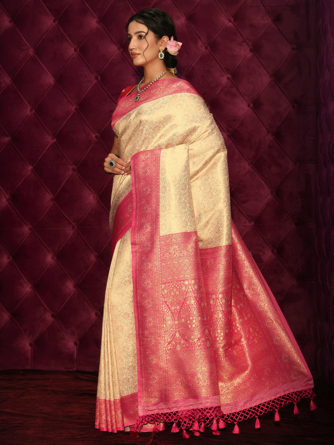  Libas Cream and Red Floral Woven Design Silk Blend Tassel Saree 