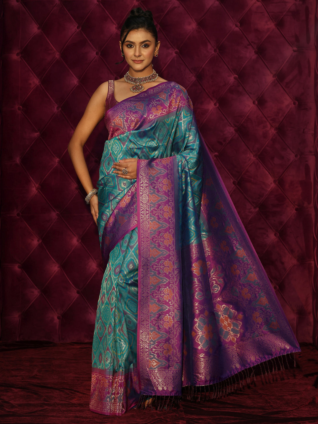  Libas Teal Green and Purple Silk Blend Patola Saree 