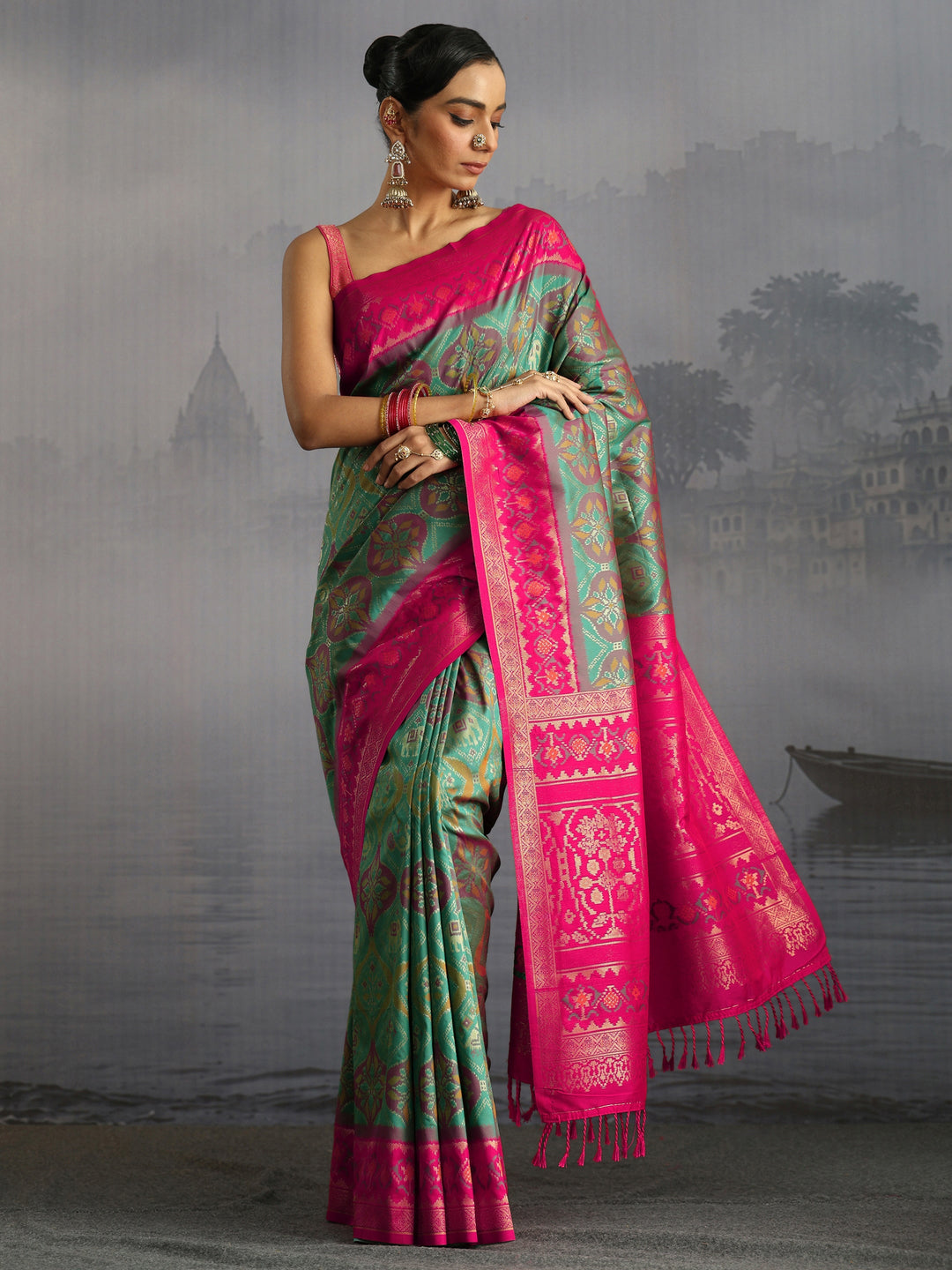  Libas Green and Pink Pochampally Silk Blend Saree 