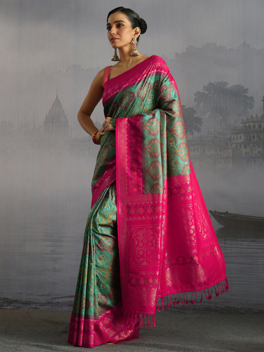  Libas Green and Pink Pochampally Silk Blend Saree 
