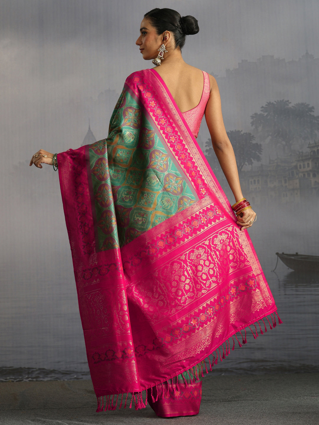  Libas Green and Pink Pochampally Silk Blend Saree 