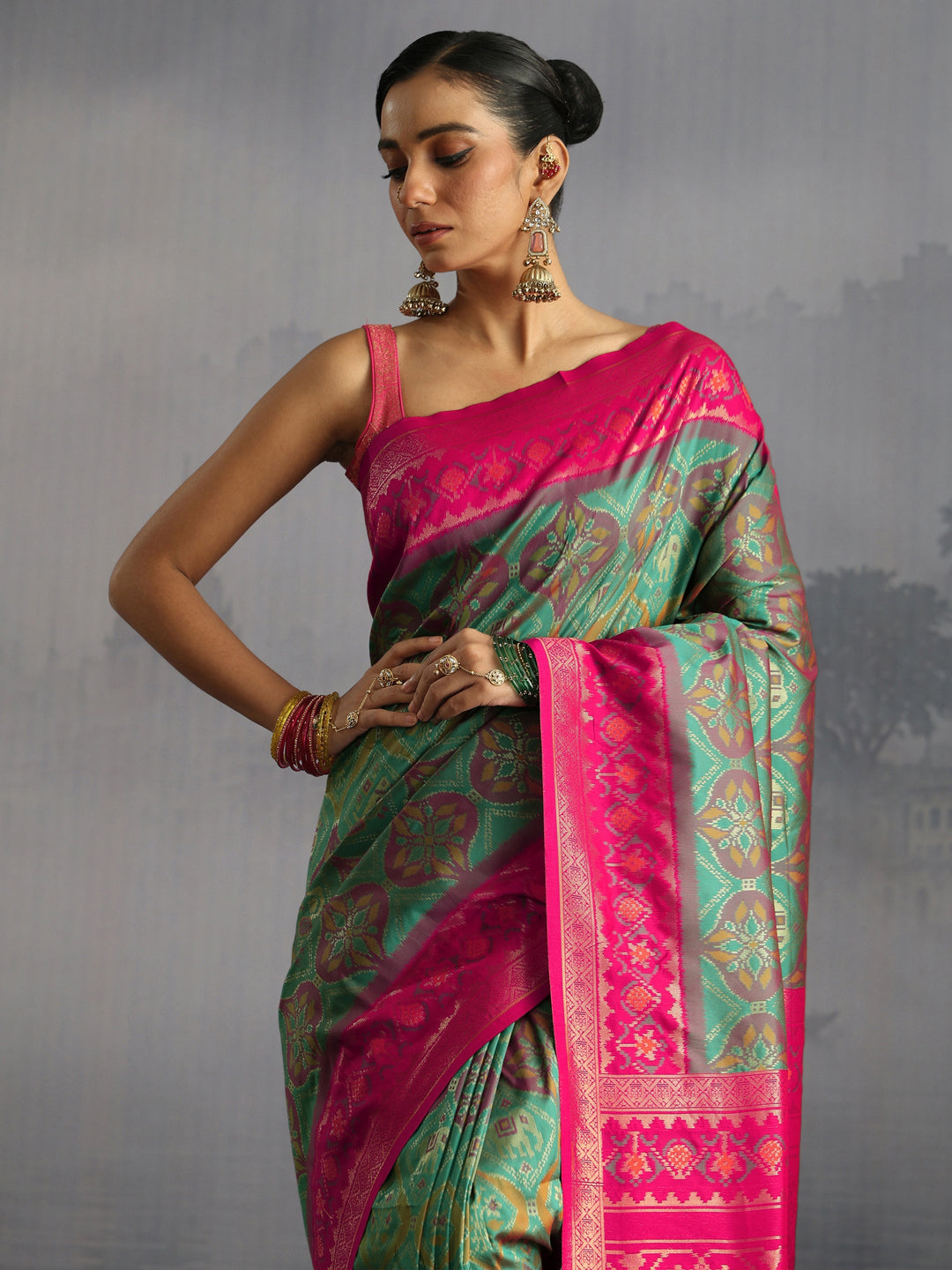  Libas Green and Pink Pochampally Silk Blend Saree 