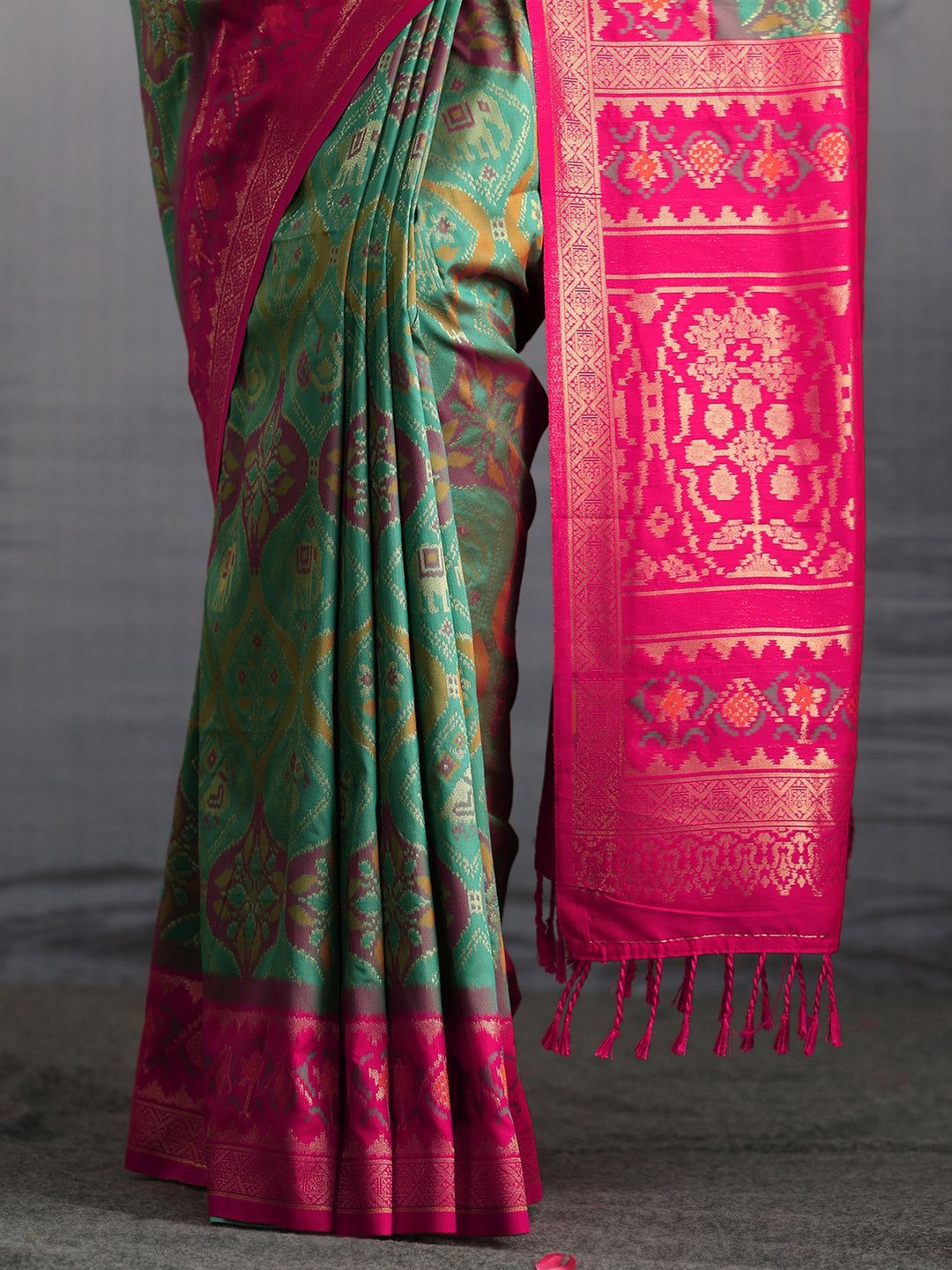  Libas Green and Pink Pochampally Silk Blend Saree 