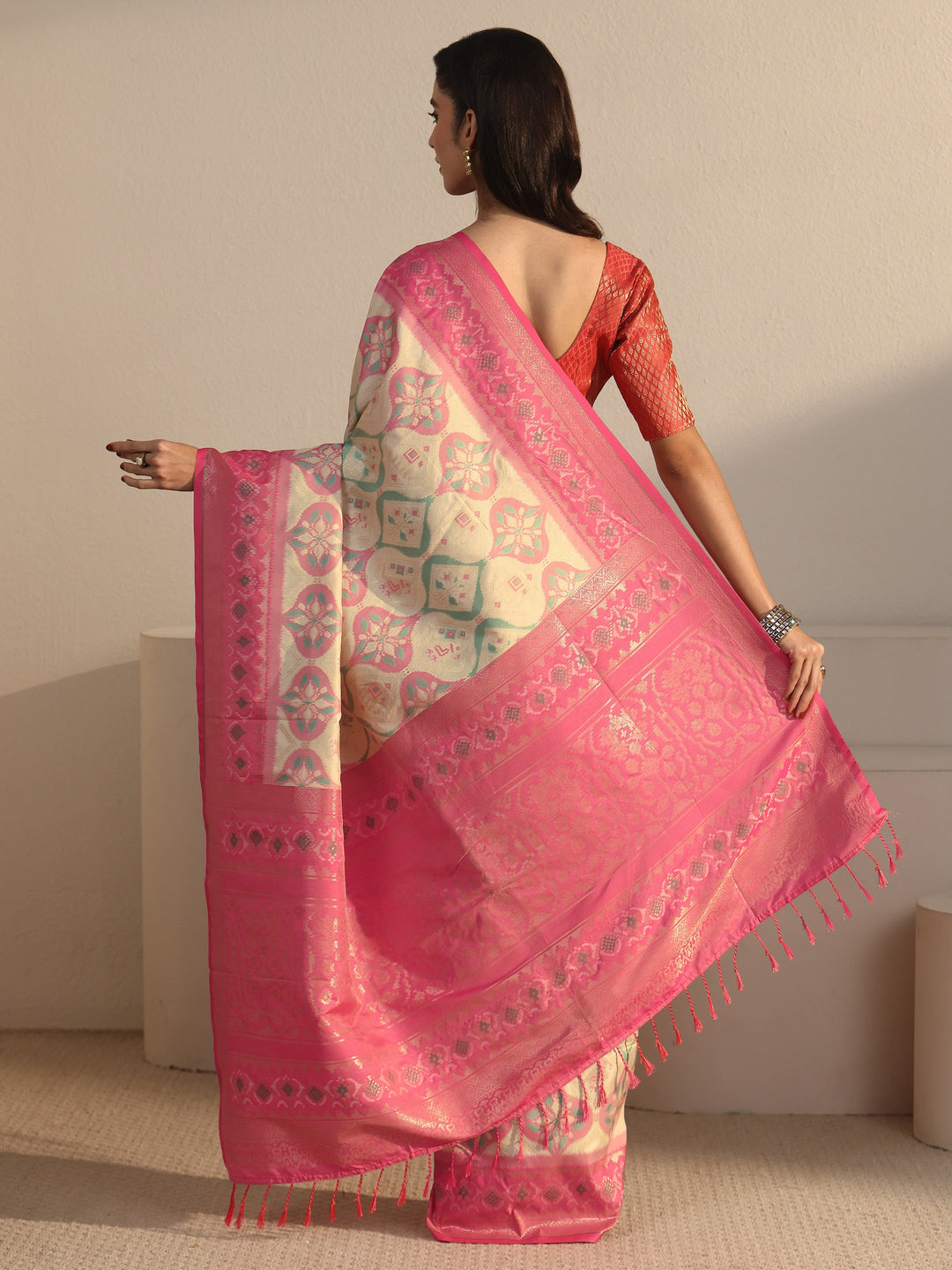  Libas Cream and Pink Ethnic Woven Design Silk Blend Tassel Saree 