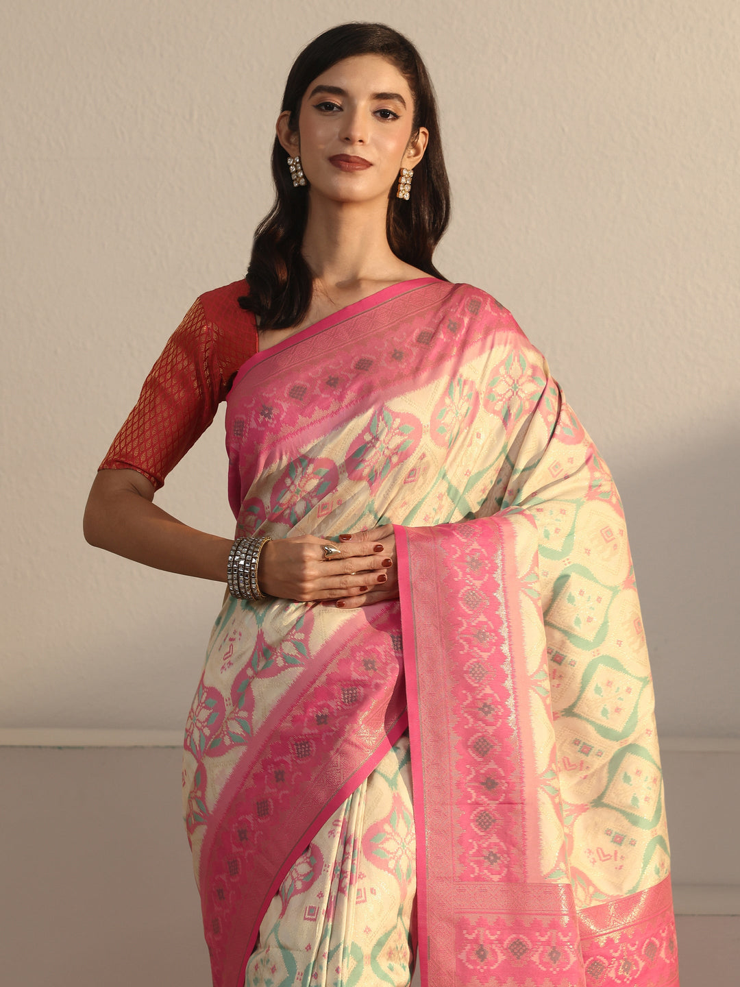  Libas Cream and Pink Ethnic Woven Design Silk Blend Tassel Saree 