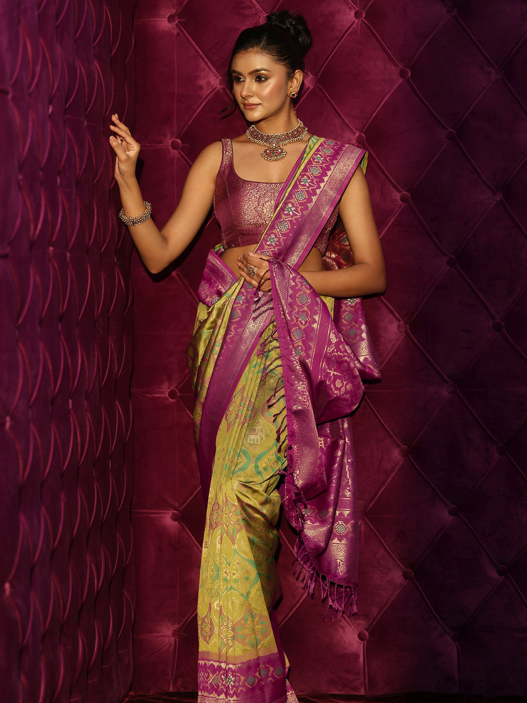  Libas Henna Green and Magenta Silk Blend Patola Saree 