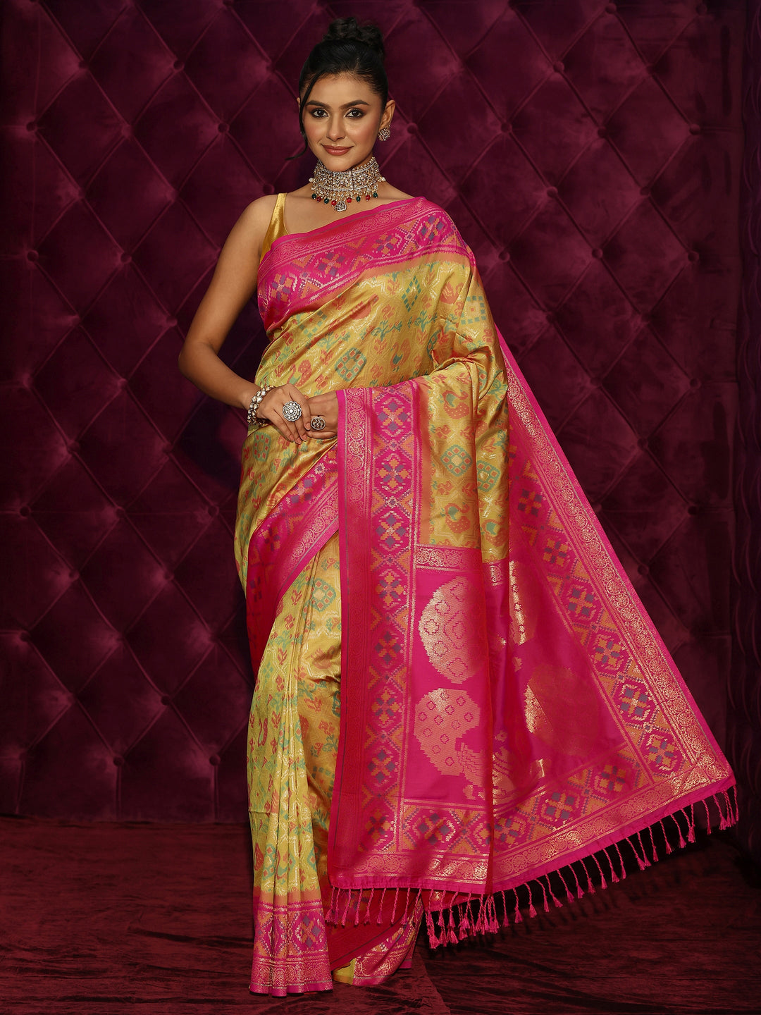  Libas Yellow and Pink Patola Silk Blend Saree 