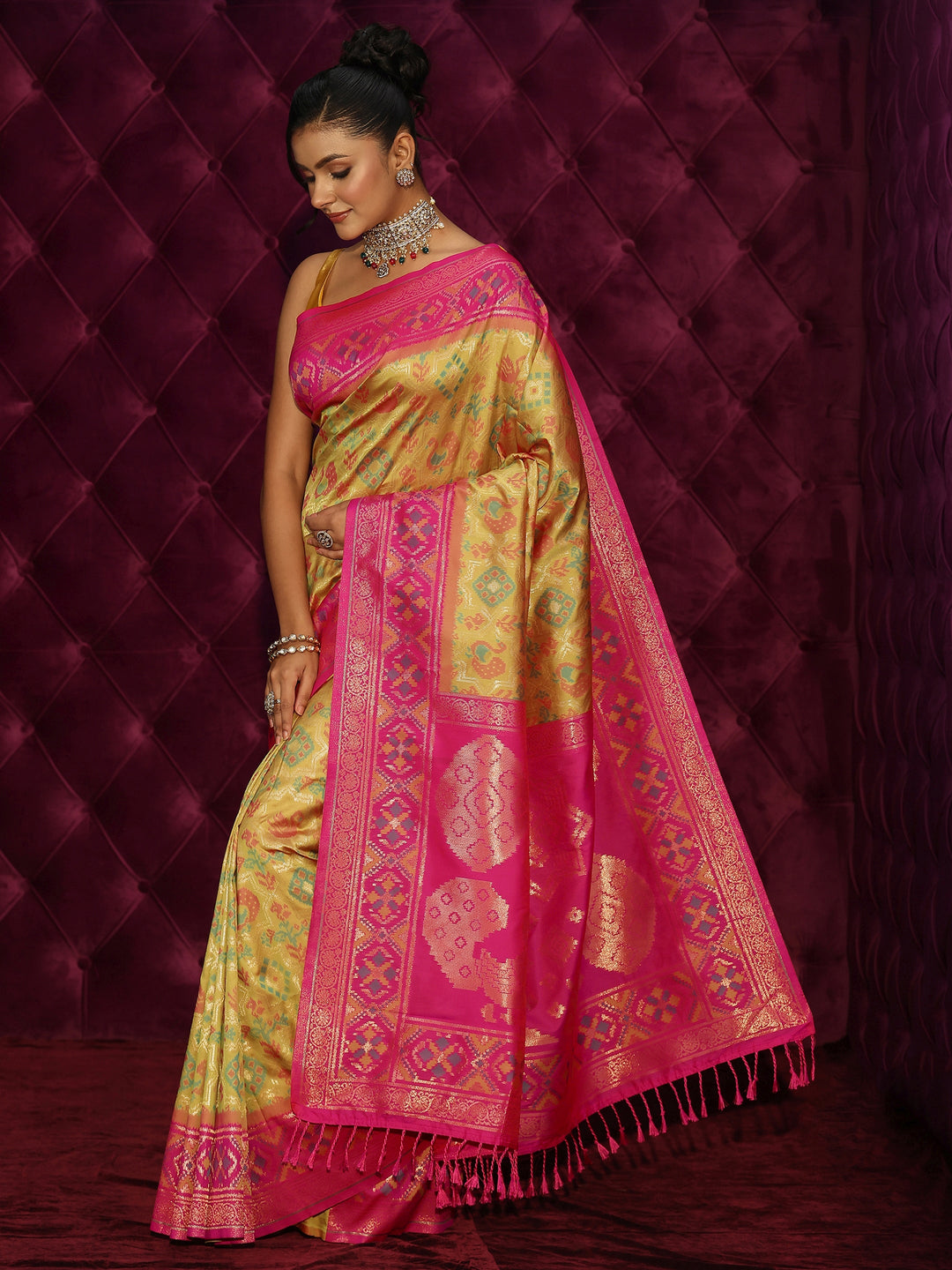  Libas Yellow and Pink Patola Silk Blend Saree 