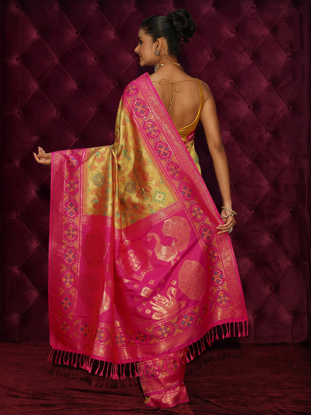 Libas Yellow and Pink Patola Silk Blend Saree 