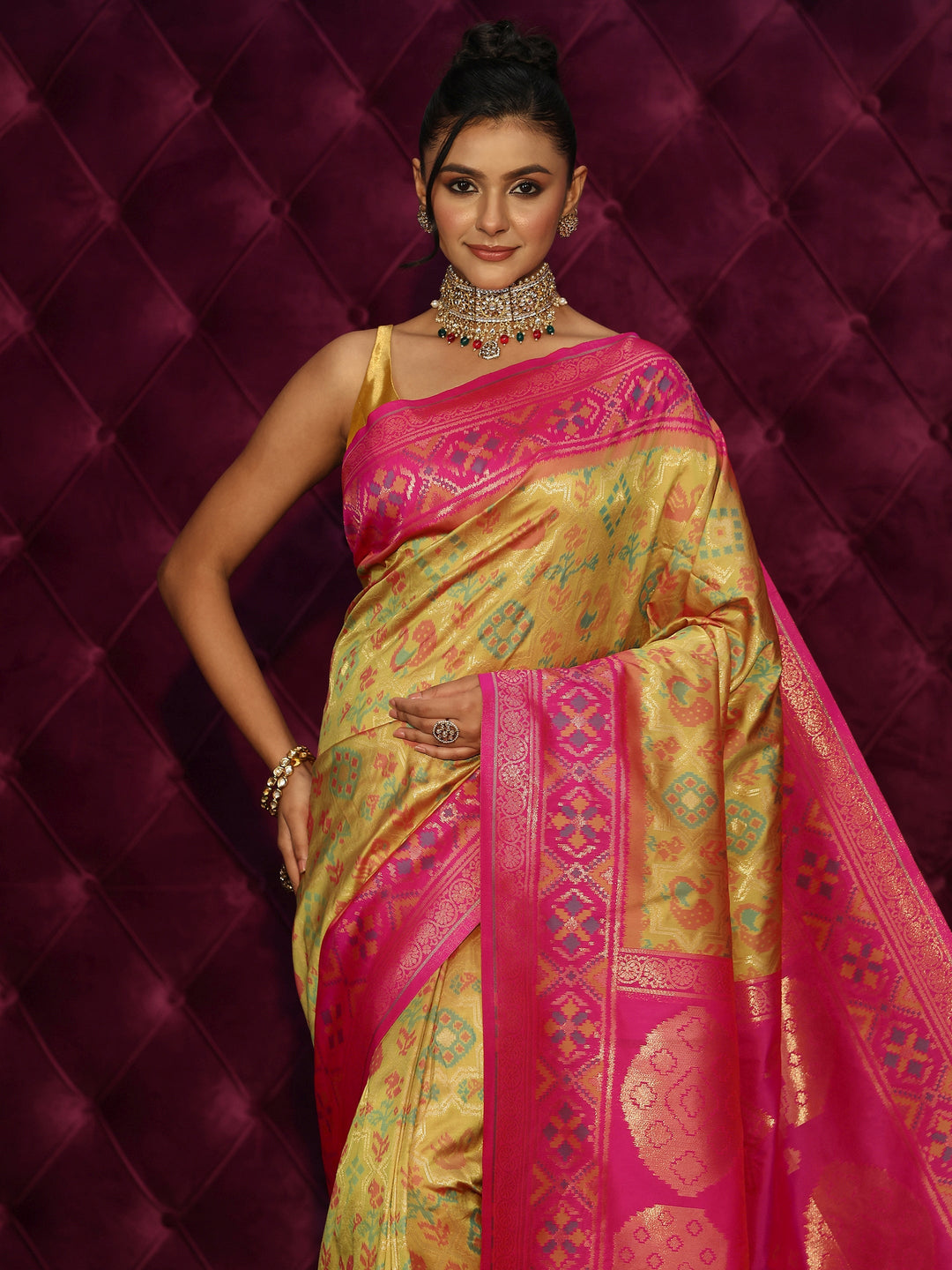  Libas Yellow and Pink Patola Silk Blend Saree 