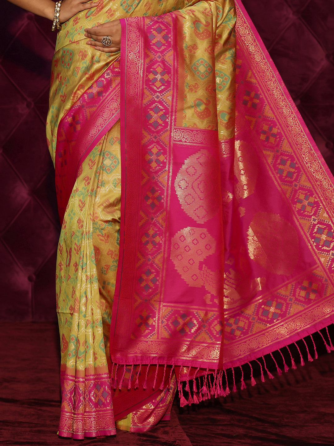  Libas Yellow and Pink Patola Silk Blend Saree 